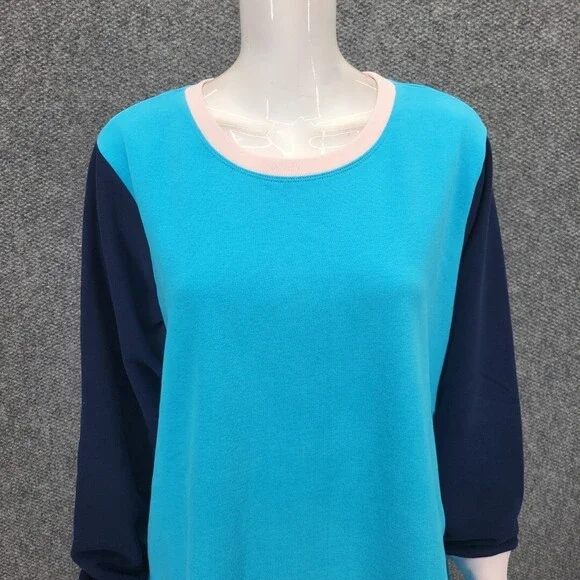 Lands End Serious Sweats Sweatshirt 1X Plus Size Teal Colorblock Print Pullover - Picture 4 of 10